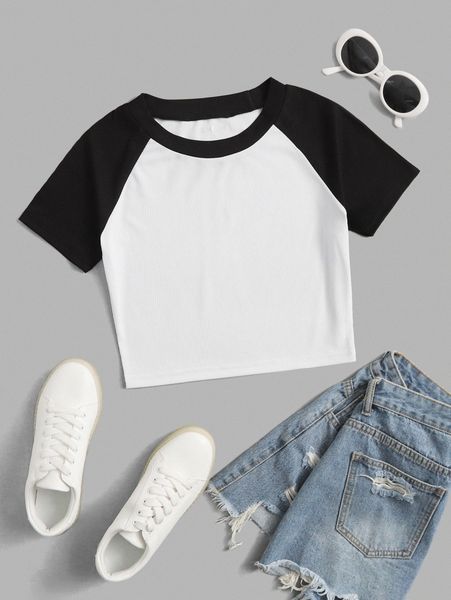 contrast raglan sleeve tee a6ze#, White