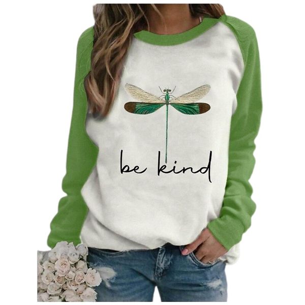women be kind dragonfly sweatshirt long sleeve tee s green x9kk#, Black