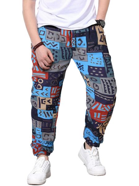 men random geo print pocket side pants l8av#, Black