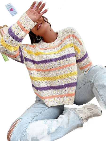 plus colorful striped pattern drop shoulder popcorn knit sweater d3ci#, Black
plus colorful striped pattern drop shoulder popcorn knit sweater d3ci#, Black