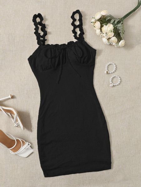 frill trim strap knot front ruched bust eyelet dress i3ab#, Black;gray 
frill trim strap knot front ruched bust eyelet dress i3ab#, Black;gray