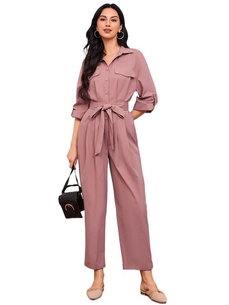 roll tab sleeve plicated detail belted shirt jumpsuit y2gy#, Black;white