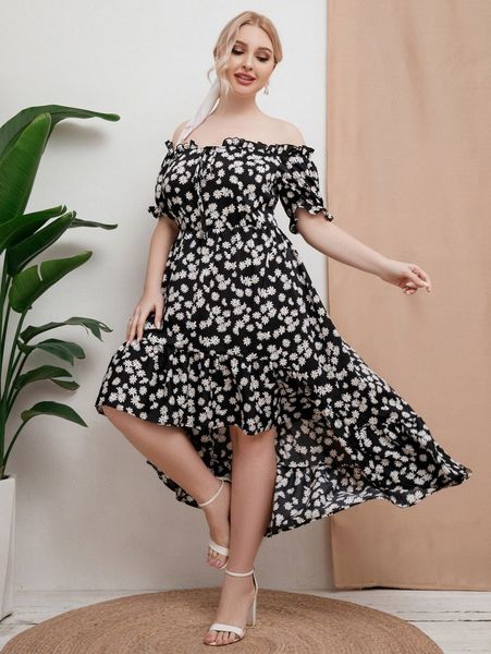 plus daisy print off shoulder tie front high low ruffle hem dress h1ms#, Black
plus daisy print off shoulder tie front high low ruffle hem dress h1ms#, Black