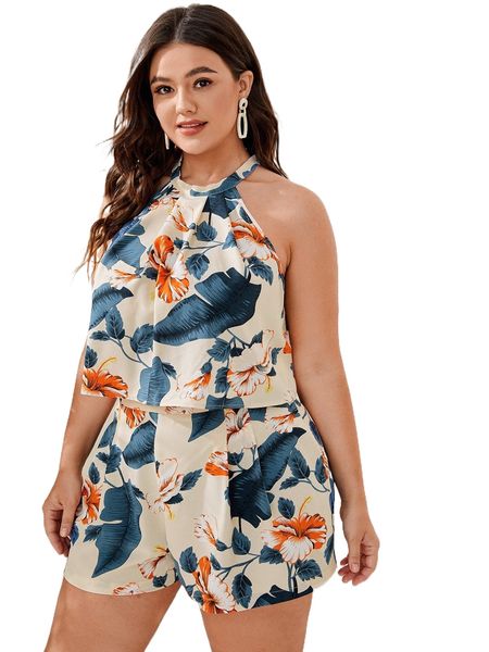 plus tropical print tie back halter & shorts 26xd#, Black