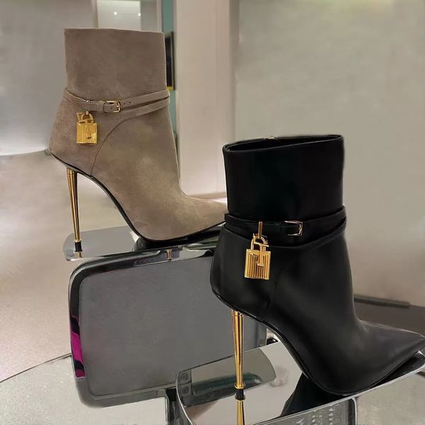 metal lock decoration calf leather high heel boots side zip shoes pointed fashion bootstoe stiletto ankle booties luxury designers shoe wome, Black
metal lock decoration calf leather high heel boots side zip shoes pointed fashion bootstoe stiletto ankle booties luxury designers shoe wome, Black