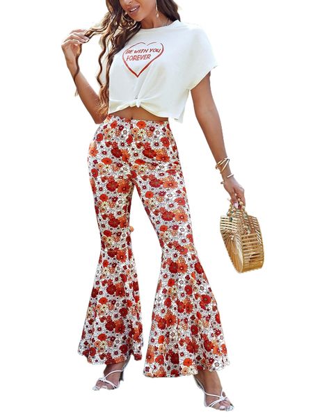 slogan graphic dolman sleeve tee & allover floral print flare leg pants a69j#, White
slogan graphic dolman sleeve tee & allover floral print flare leg pants a69j#, White