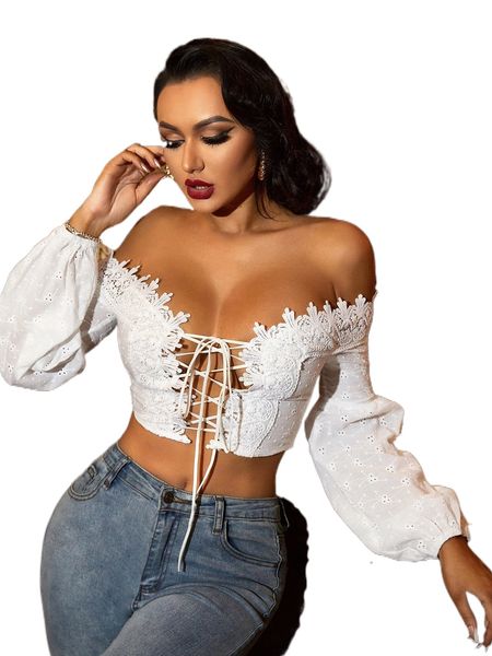 lace up front lantern sleeve schiffy v2xc#, White
lace up front lantern sleeve schiffy v2xc#, White