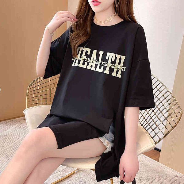 2022 summer cotton t-shirt medium length design style large women's wear short sleeve streetwear women clothes loose tee, White
2022 summer cotton t-shirt medium length design style large women's wear short sleeve streetwear women clothes loose tee, White
