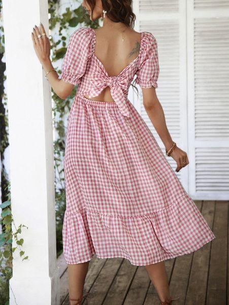 gingham shirred square neck tie front puff sleeve ruffle hem dress 317s#, Black;gray
gingham shirred square neck tie front puff sleeve ruffle hem dress 317s#, Black;gray
