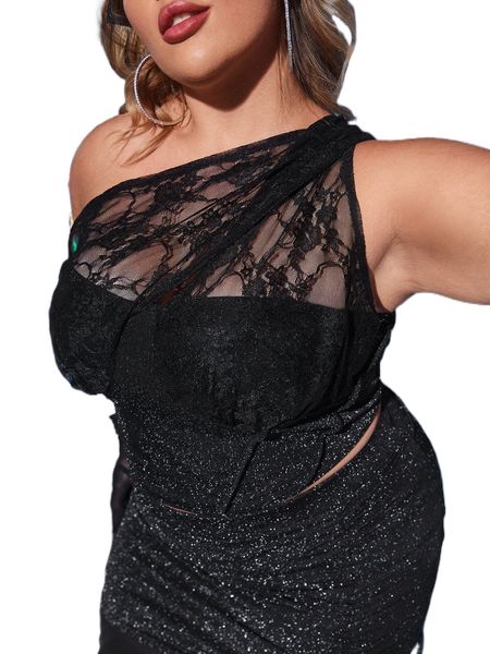 plus contrast lace one shoulder z2w9#, Black
plus contrast lace one shoulder z2w9#, Black