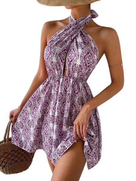 baroque print cross wrap halter dress l4yi#, Black;gray 
baroque print cross wrap halter dress l4yi#, Black;gray