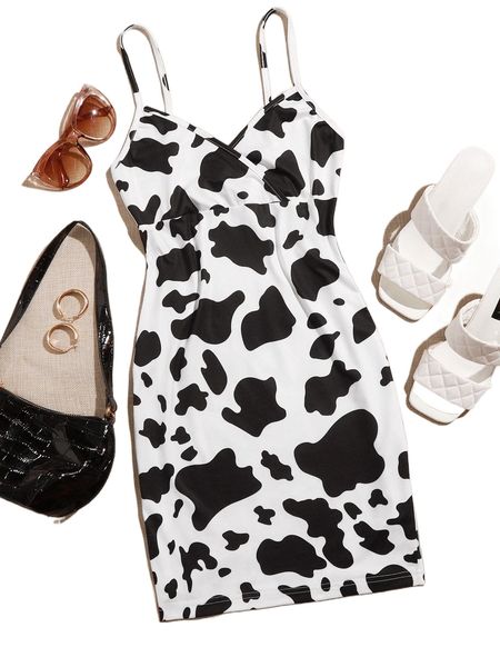 cow print surplice cami mini dress j35l#, Black;gray