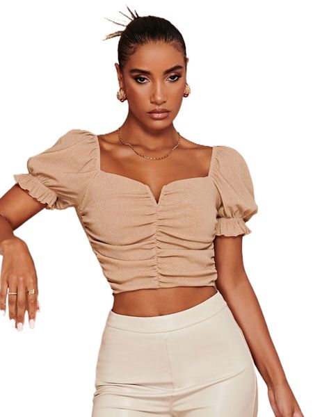 sweetheart neck puff sleeve ruched crop tee 70cx#, White