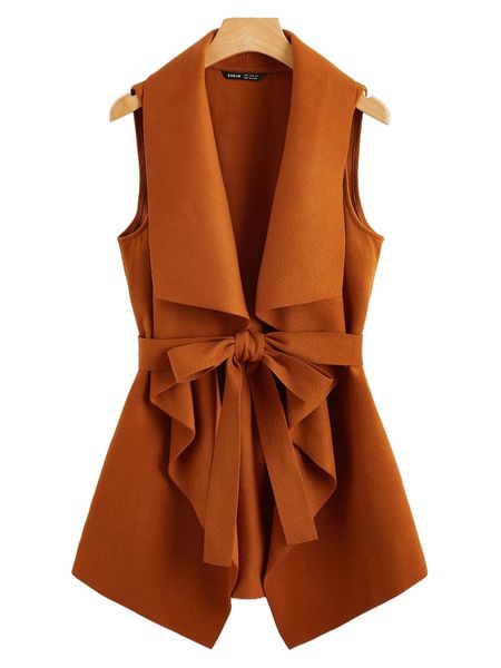 belted waterfall front vest coat k4fx#, Black