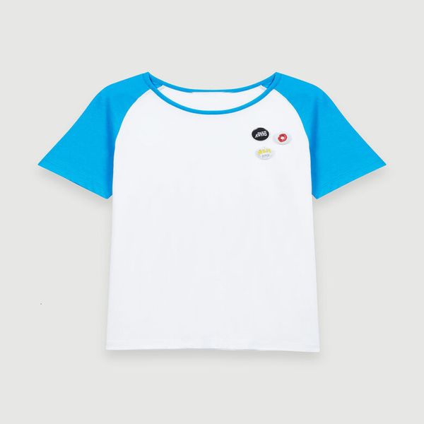 women's t-shirt spring and summer simple cotton round neck seal decoration contrast color short sleeve t-shirt women, White
women's t-shirt spring and summer simple cotton round neck seal decoration contrast color short sleeve t-shirt women, White