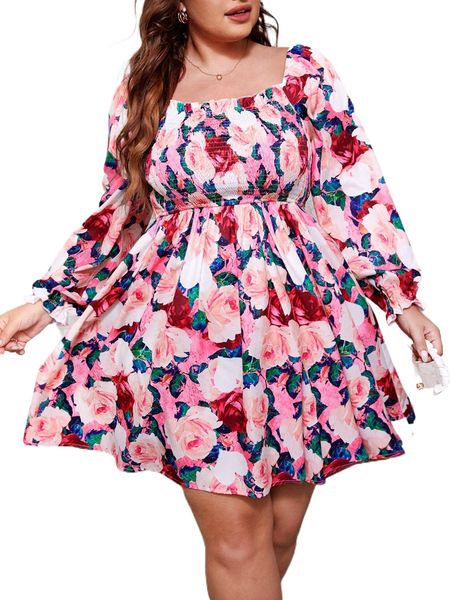 plus floral print shirred frill trim square neck dress z9bg#, Black
plus floral print shirred frill trim square neck dress z9bg#, Black