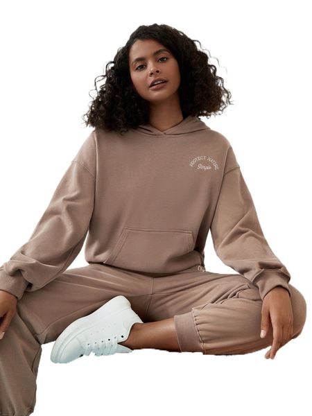 letter embroidery kangaroo pocket drop shoulder hoodie r8dt#, Black