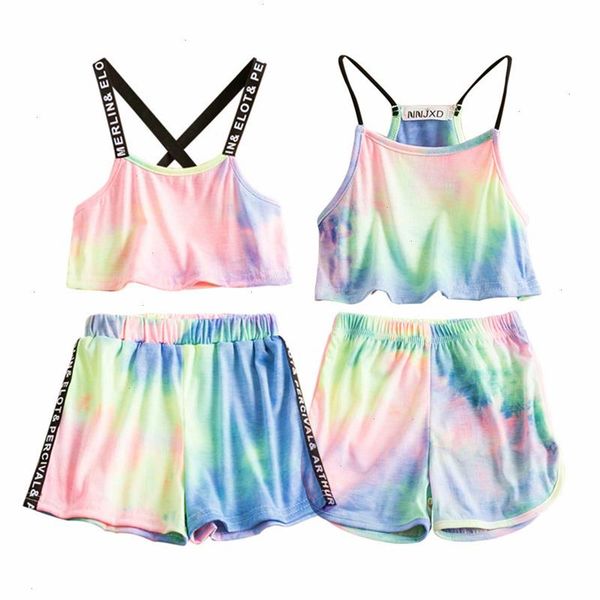 kids girls tie-dye set outfit summer sling backless spaghetti straps tank elastic waist short pants sport style clothes sets, White 
kids girls tie-dye set outfit summer sling backless spaghetti straps tank elastic waist short pants sport style clothes sets, White