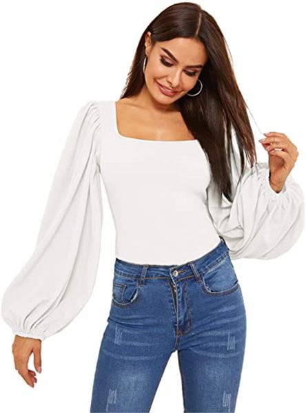 & tees women's long sleeve bubble sleeve square collar trim crop shirt sweatshirt, White
& tees women's long sleeve bubble sleeve square collar trim crop shirt sweatshirt, White