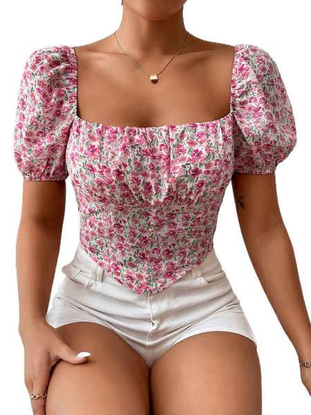 allover floral print square neck puff sleeve shirred ruched bust blouse z0pu#, White
allover floral print square neck puff sleeve shirred ruched bust blouse z0pu#, White