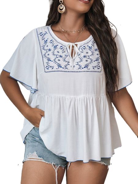 plus plant embroidery tie neck butterfly sleeve peplum blouse 37am#, Black 
plus plant embroidery tie neck butterfly sleeve peplum blouse 37am#, Black