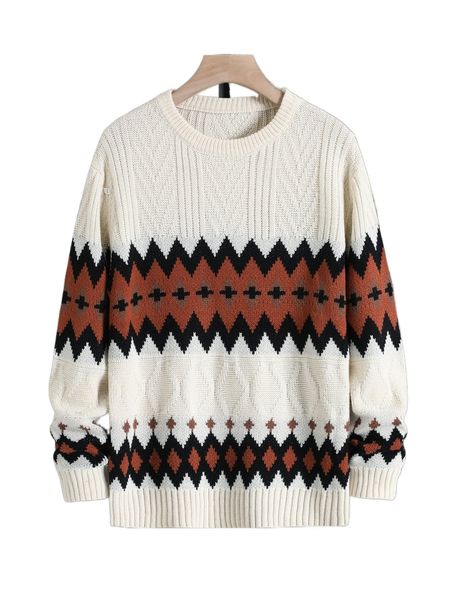 men geo pattern textured knit sweater d3yp#, White;black