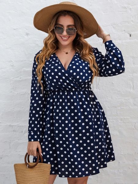 plus polka dot overlap collar dress 75fl#, Black