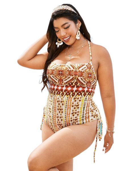 plus allover print drawstring side tie backless halter bodysuit h4hc#, Black
plus allover print drawstring side tie backless halter bodysuit h4hc#, Black