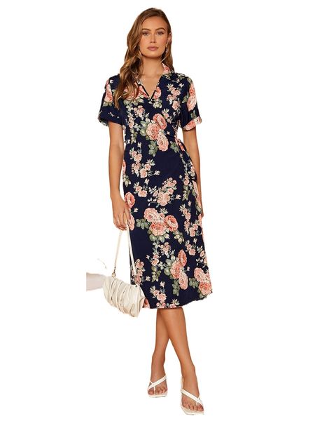 floral print wrap tie side dress 56ot#, Black;gray