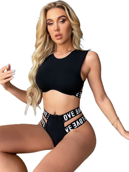 letter tape cut-out lingerie set u3gz#, Black;red