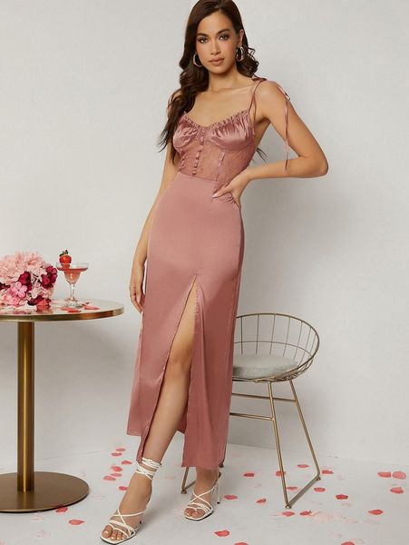 club knot detail frill trim split thigh satin dress 62py#, Black;gray
club knot detail frill trim split thigh satin dress 62py#, Black;gray