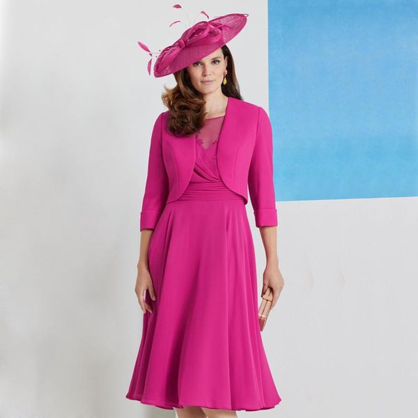fuchsia a line mother of the bride dresses sheer bateau neck appliqued evening gowns with long sleeves jacket knee length pleated wedding gu, Black;red
fuchsia a line mother of the bride dresses sheer bateau neck appliqued evening gowns with long sleeves jacket knee length pleated wedding gu, Black;red