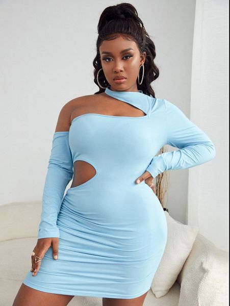 sxy plus asymmetric neck cut out side bodycon dress 84xr#, Black