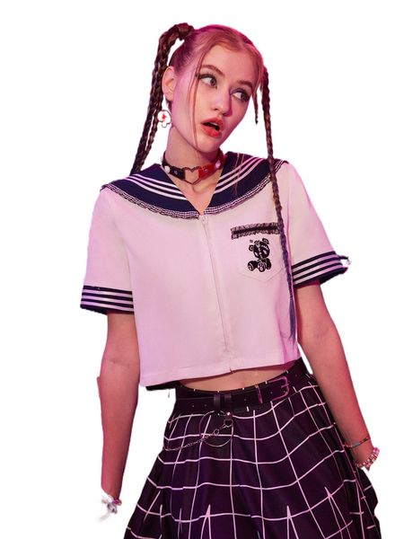 romwe anime striped sailor collar shirt f5sb#, White