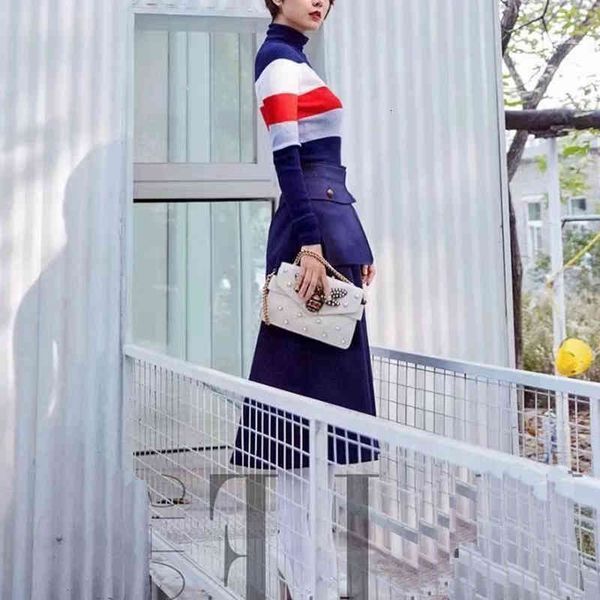 women's two piece pants fall women's high neck contrast striped sweater pocket a-line skirt casual suit, White
women's two piece pants fall women's high neck contrast striped sweater pocket a-line skirt casual suit, White