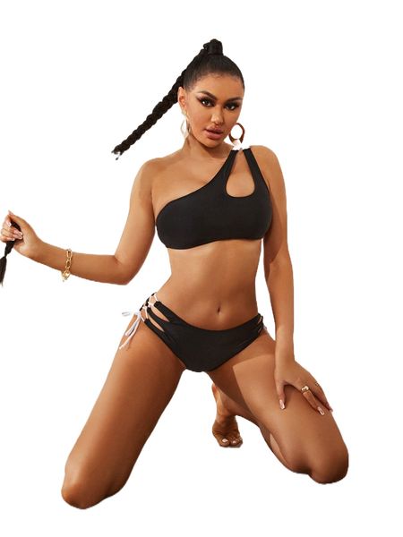 cut-out drawstring bikini swimsuit n6nh#, White;black