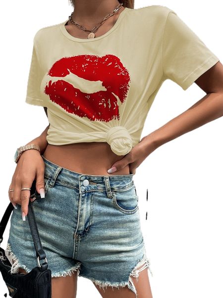 lip print round neck tee b4mm#, White
lip print round neck tee b4mm#, White