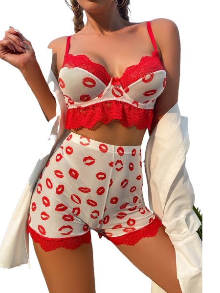 lip print contrast lace underwire lingerie set y9n9#, Black;red