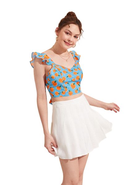 x queen aubergine tie backless orange allover print ruffle trim crop p3x3#, White
x queen aubergine tie backless orange allover print ruffle trim crop p3x3#, White