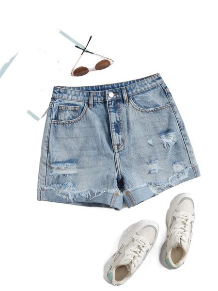 ripped roll hem denim shorts e819#, White;black
ripped roll hem denim shorts e819#, White;black