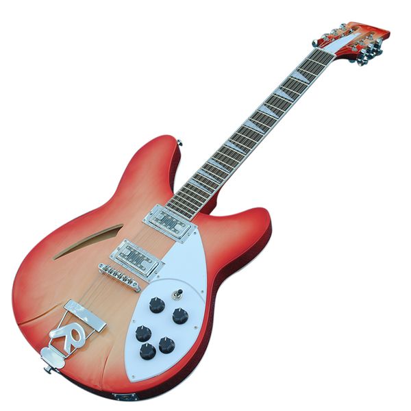 12 strings cherry red semi-hollow electric guitar with white pickguard rosewood fretboard