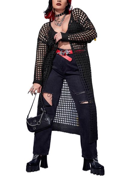 plus openwork drop shoulder open front cardigan l1qw#, Black 
plus openwork drop shoulder open front cardigan l1qw#, Black