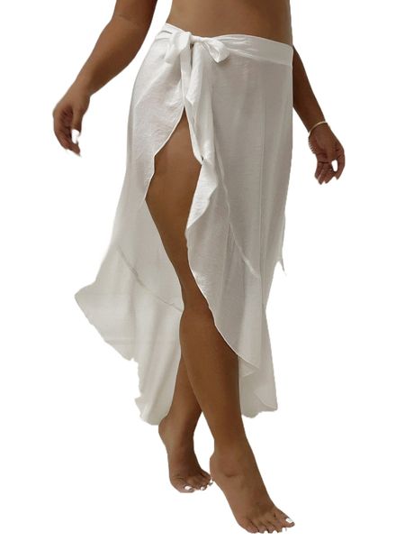 plus tie side ruffle trim cover up w7mh#, Black