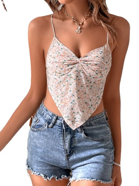 ditsy floral ruched bandana hem crisscross tie backless crop cami 77gf#, White 
ditsy floral ruched bandana hem crisscross tie backless crop cami 77gf#, White
