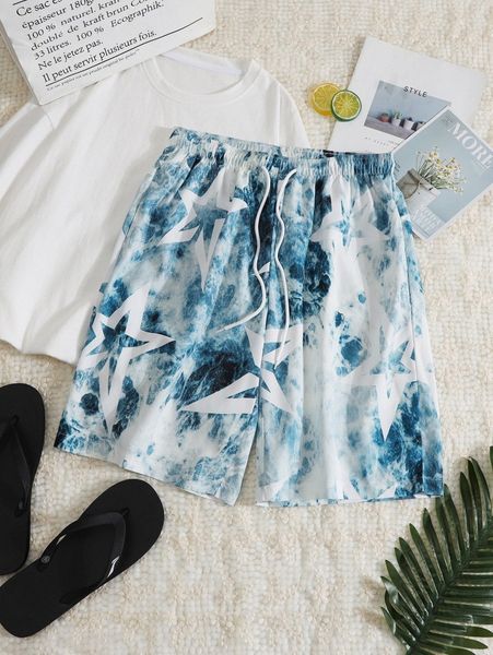 men tie dye and star print drawstring waist shorts x2ec#, White;black 
men tie dye and star print drawstring waist shorts x2ec#, White;black