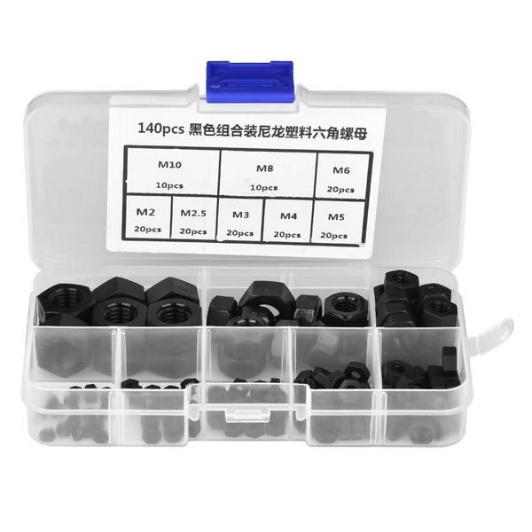 140pcs m2 m2.5 m3 m4 m5 m6 m8 m10 thread nylon plastic hex hexagonal nuts black