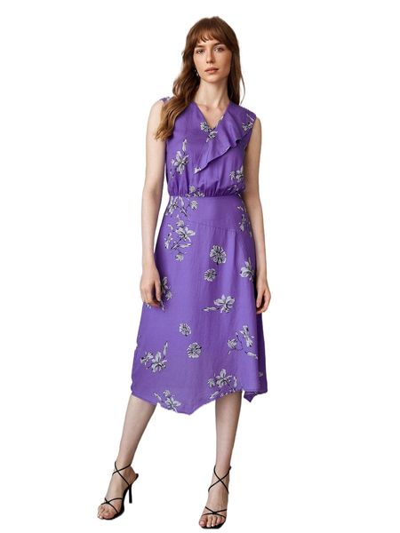motf premium linen printed ruffle dress k1q4#, Black;gray