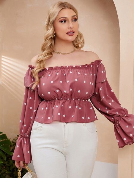 plus polka dot frill bardot blouse e7lt#, Black
plus polka dot frill bardot blouse e7lt#, Black
