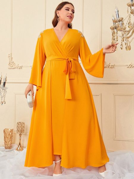 plus surplice neck bell sleeve applique detail belted dress f6xt#, Black