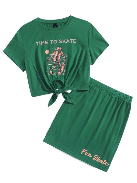 x unlogicstudio skeleton figure and slogan graphic & skirt set v38b#, White 
x unlogicstudio skeleton figure and slogan graphic & skirt set v38b#, White
